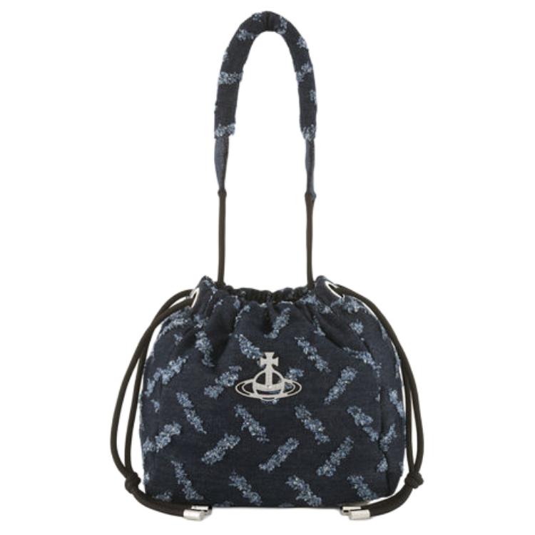 VIVIENNE WESTWOOD Hilary Denim Pattern Silver Hardware Cotton Bucket Bag Women Handbags Indigo 4C03000AUW01BOINDIGO