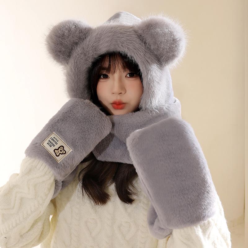 Women's Cozy Fox Ear Plush Hat with Integrated Scarf - Warm, Soft Lei Feng Design for Autumn and Winter. Perfect Ear Protection for Students.