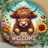 Hisun Tin Sign Vintage Welcome Home Sweet Home Highland Cow Metal Tin Sign Cute Floral Sunflower Round Wall Art Decor Rustic Farm Animal Cow