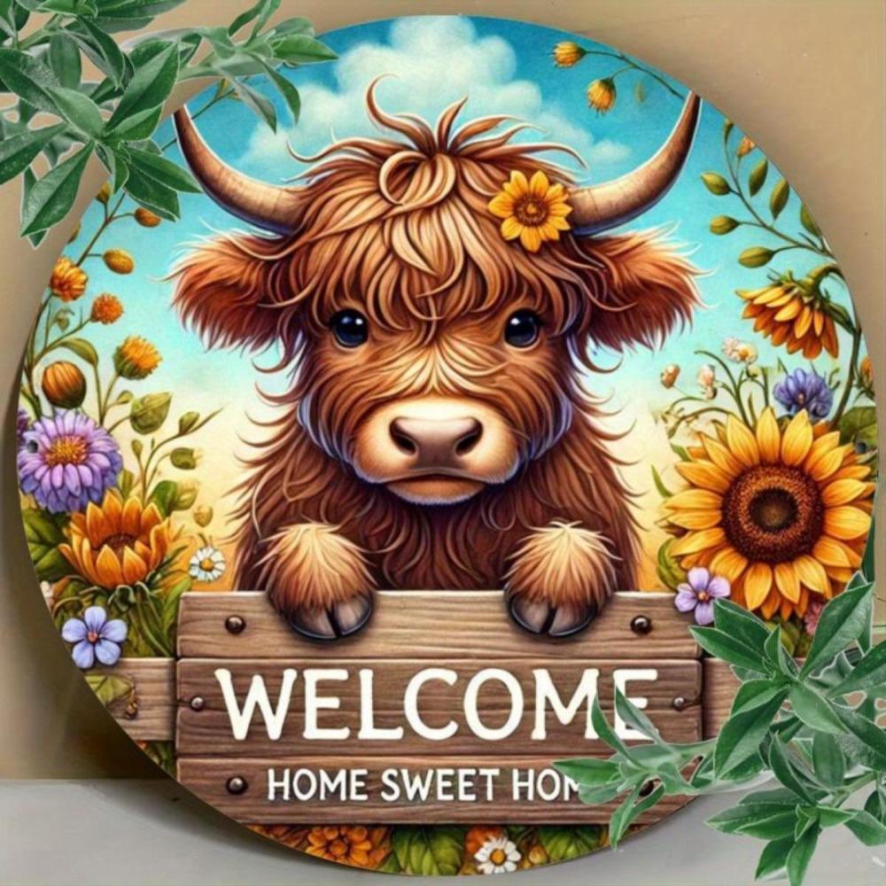 Hisun Tin Sign Vintage Welcome Home Sweet Home Highland Cow Metal Tin Sign Cute Floral Sunflower Round Wall Art Decor Rustic Farm Animal Cow