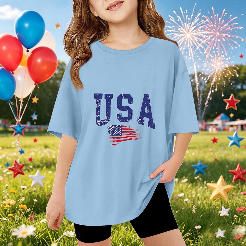 Kids Short Sleeve T Shirt USA Print Top Casual Loose Fit Tee for Boys and Girls Summer Wear Soft Comfortable Fabric