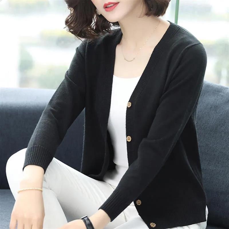 Female spring Short Knitted Jacket Loose V-Tie Buckle Cardigan Sweater