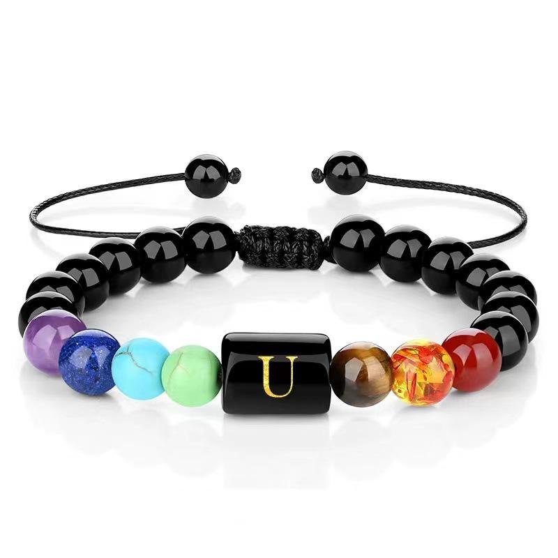 European Obsidian Alphabet Bracelet: Adjustable Seven-Color Rainbow Yoga Design for Men and Women