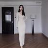 V-neck long-sleeved knitted dress women's autumn new temperament waist strap slim hip-wrapped long skirt