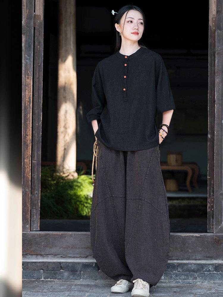 Women's Cotton Linen Zen Meditation Suit with Frog Button Shirt