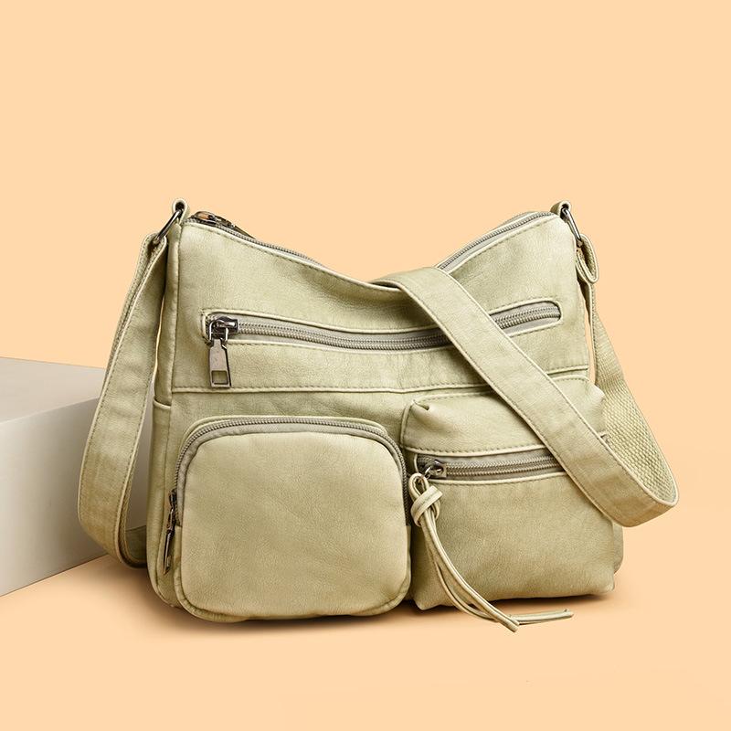 New women's bag retro fashion faded soft leather shoulder bag trendy multi-pocket large-capacity messenger bag