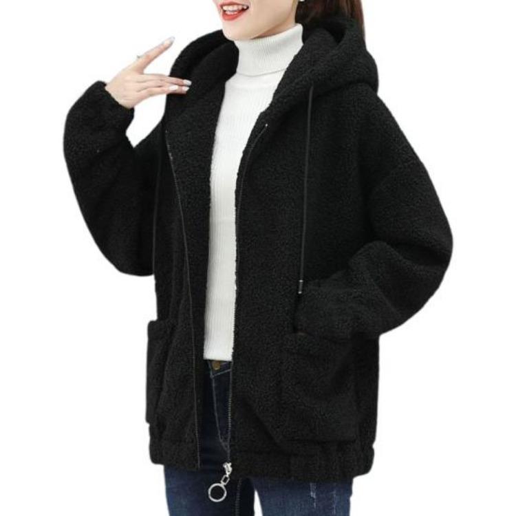 Winter Warm Plush Zipper Cardigan Jacket Women Coat Thick Solid Color Pockets Long Sleeves Loose Outdoor