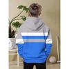 Boys' color blocked hooded sweatshirt with simple mountain pattern design in gray, blue, and white stripes