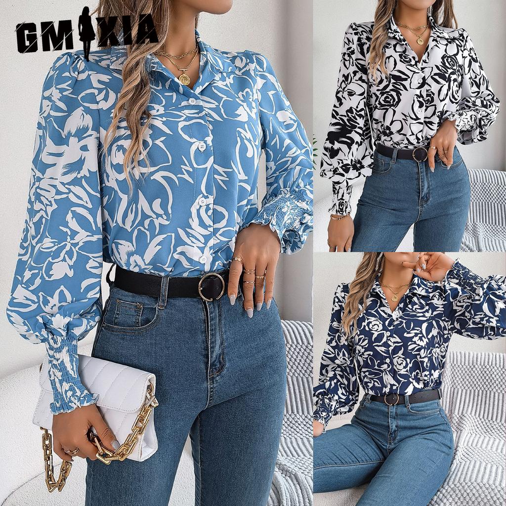 GMXIA Autumn Winter Color Flower Lantern Sleeve Lapel Shirt for Women's Autumn and Winter