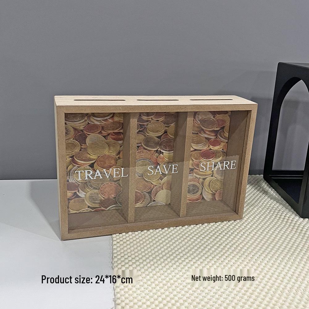 Detachable Wooden Money Saving Box with Three Compartments for Travel and Honeymoon, Wall-Mountable Storage Solution