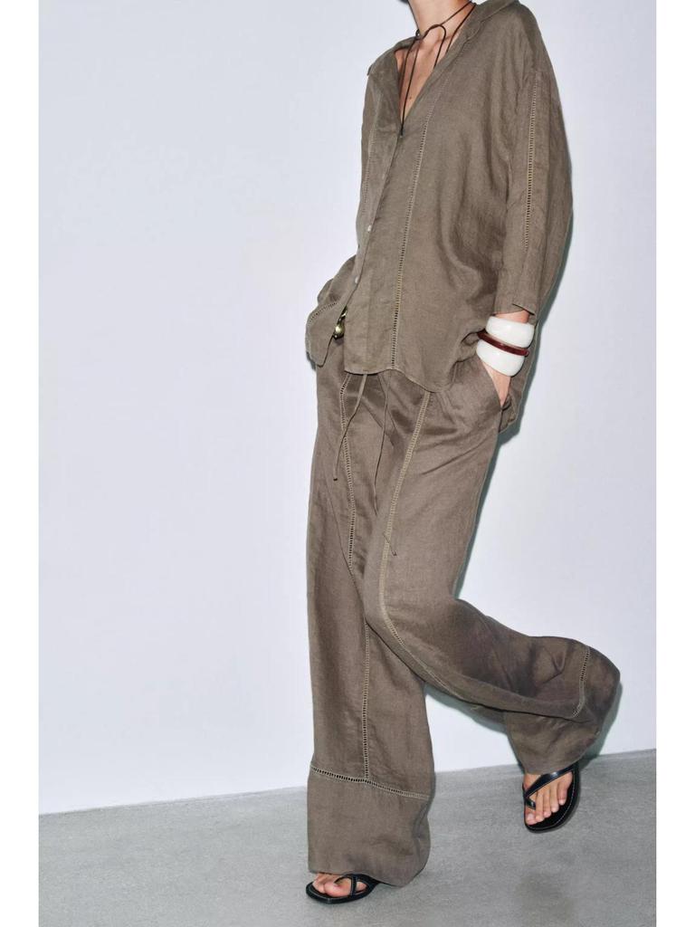 Spring 2025 Women's Linen V-Neck Long Sleeve Shirt & Wide-Leg Pants Casual Set