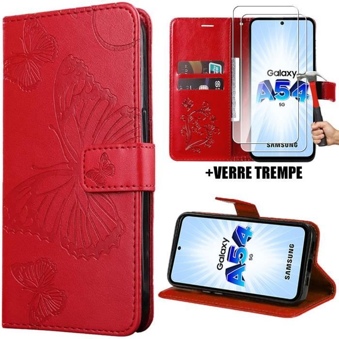 Coque - Samsung - Galaxy A54 5G - Rouge - Motif Papillon - Antichoc avec Rabat Magnétique