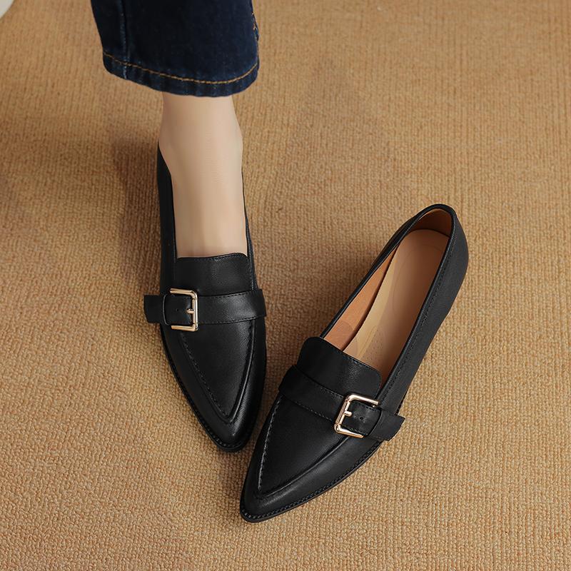 Fashion Vintage Thick Heels Women Pumps Retro Buckle Genuine Leather Mature Pointed Toe Office Lady Working Spring Summer Shoes Woman