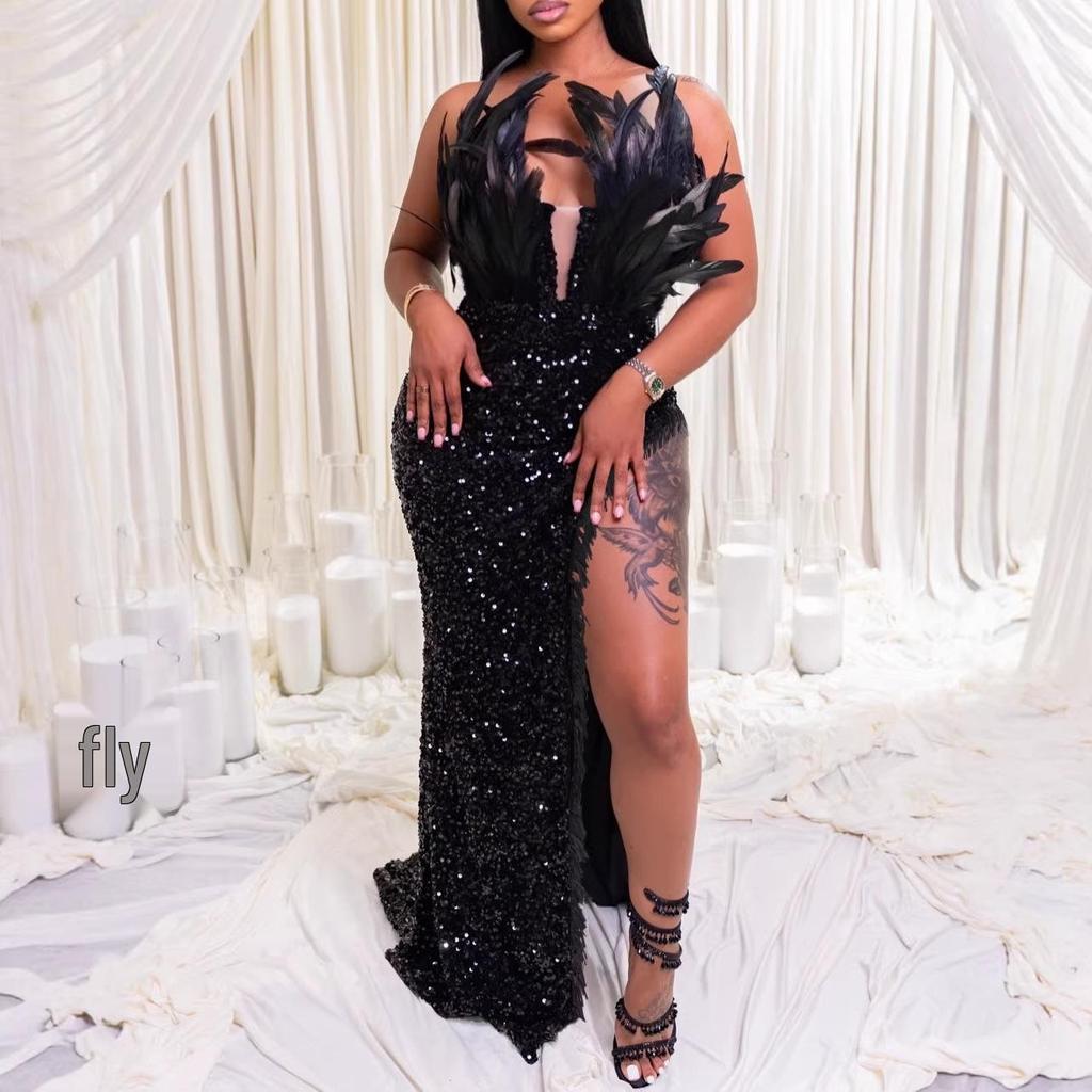 Damen Trägerloses Feder Abendkleid - Pailletten Bodycon Slim-Fit Kleid