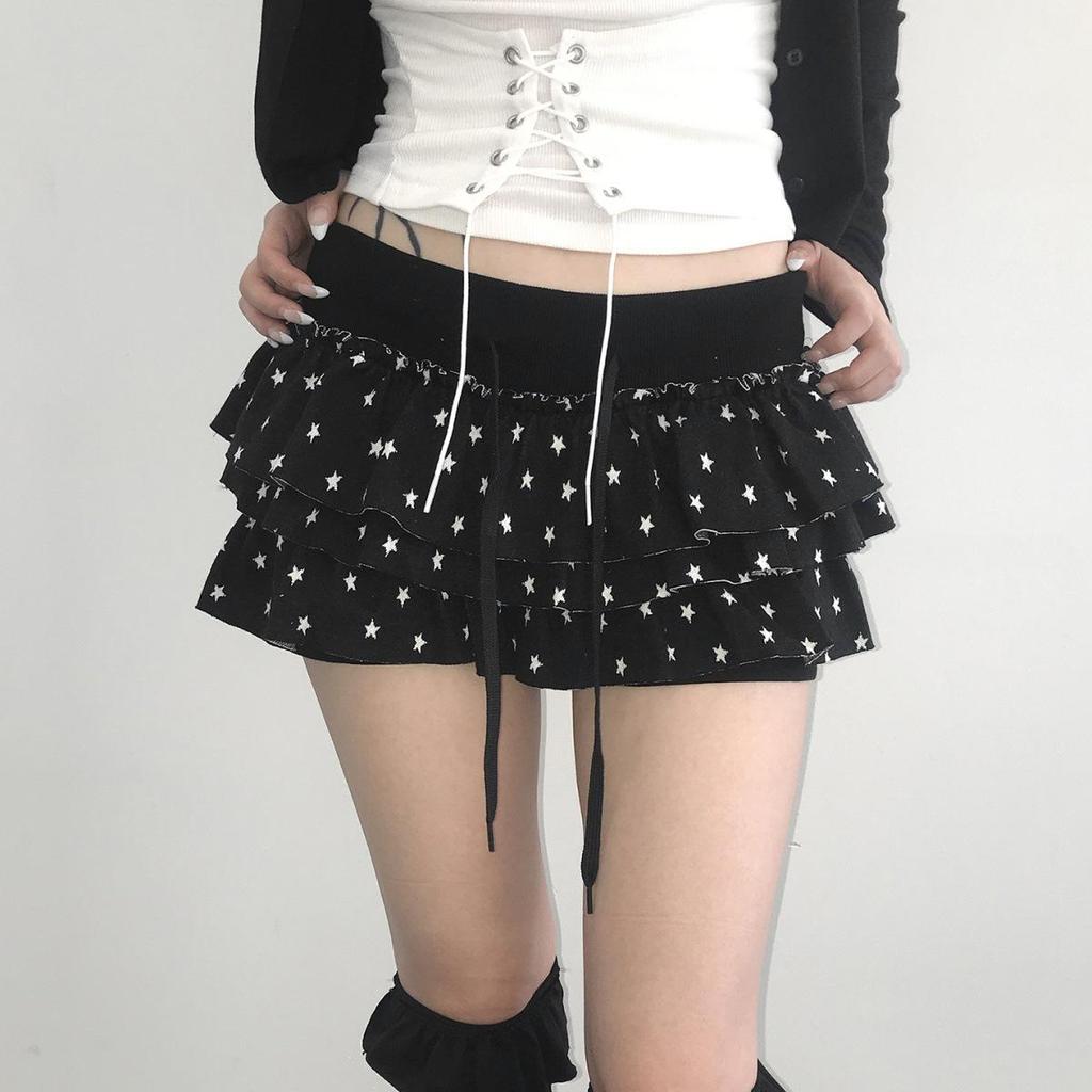 Star Print Ruffle Skirt: Elastic Waist, Layered, Sweet & Spicy Style, Spring/Autumn.
