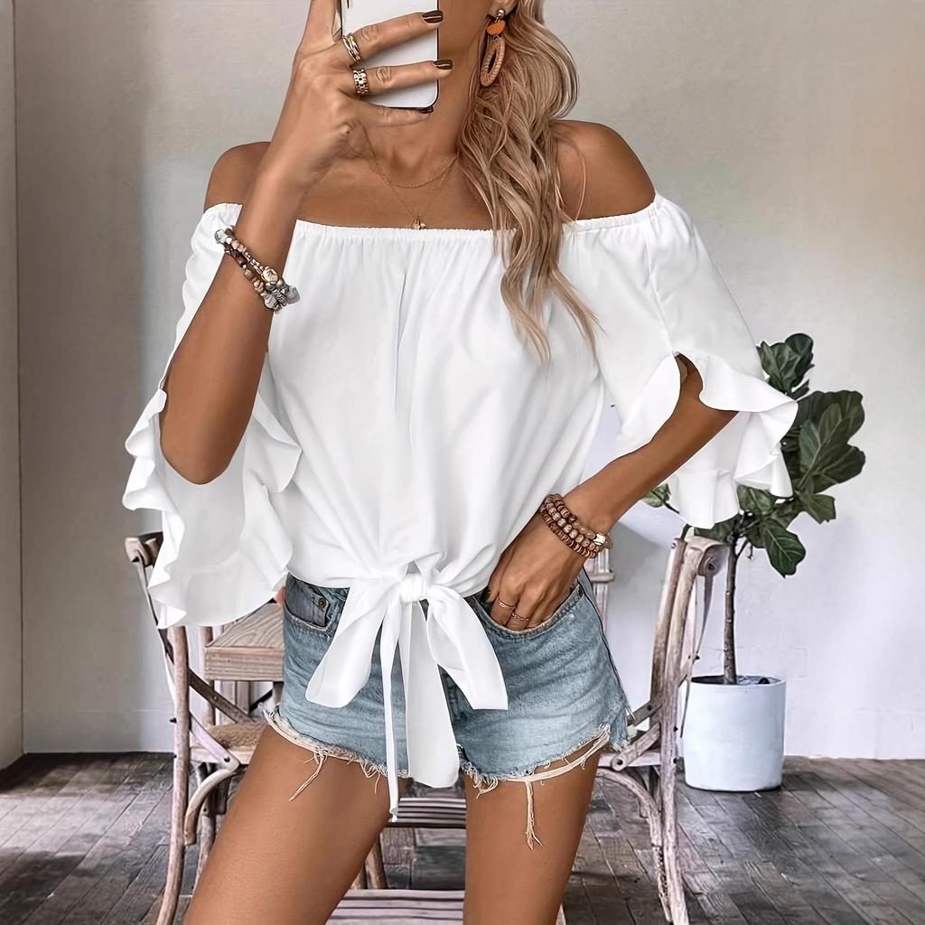 Elegante Top Elastico Bardot con Polsini Svasati e Laccio sul Fondo