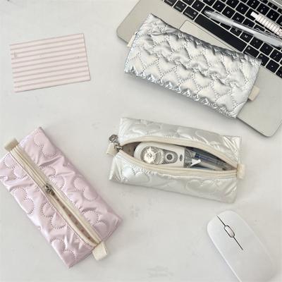 High Capacity Pen Bag Bowknot Print Pencil Case Metallic Color PU Pen Pouches Portable Pen Organizers Travel Makeup Bag
