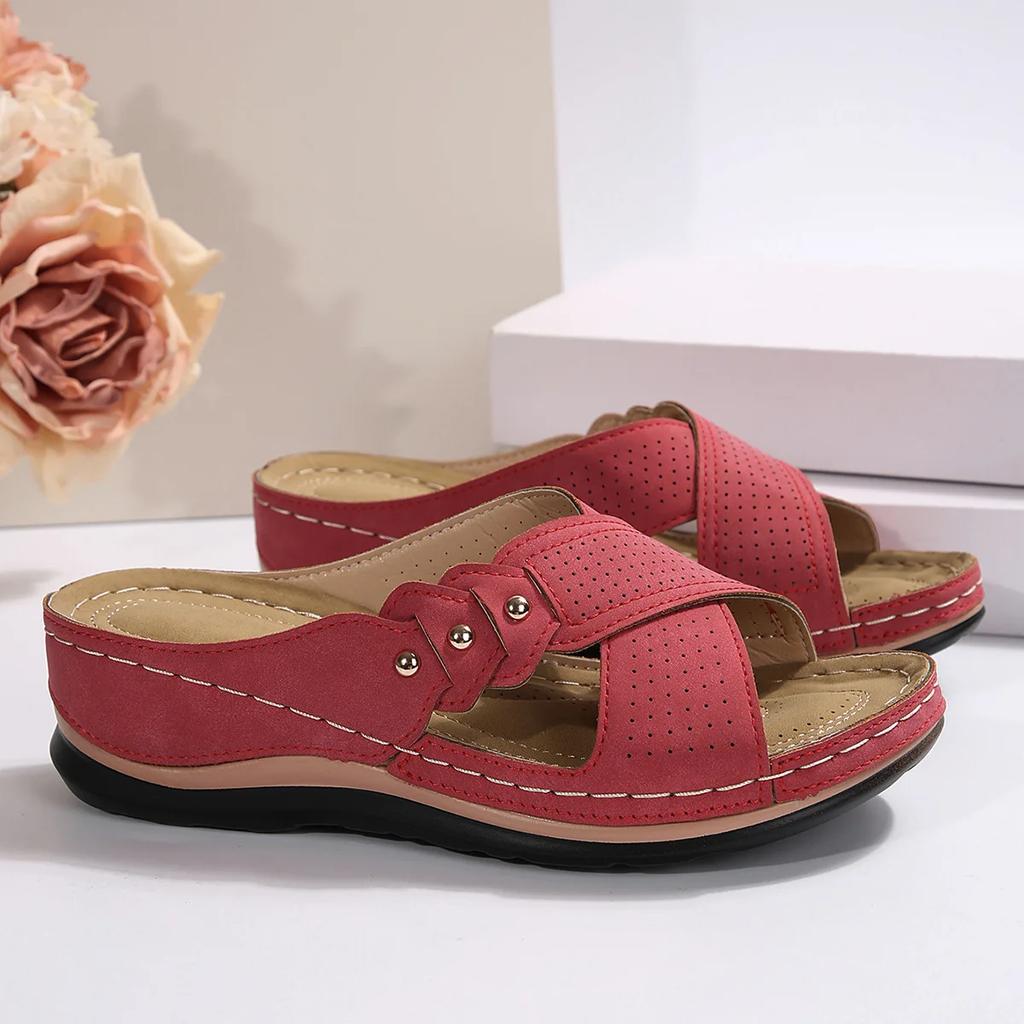 Fashion Vintage Mid Heel Strappy Back Open Toe Slide Sandals - Soft Faux Leather Upper Comfy PU Sole Comfortable Shoes for Women