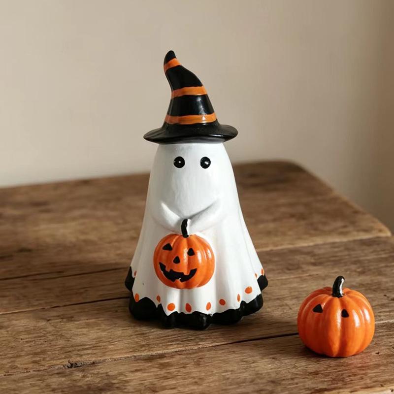 Halloween Resin Ghost Figurine Cute Witch Hat Pumpkin Decor Home Party Ornament