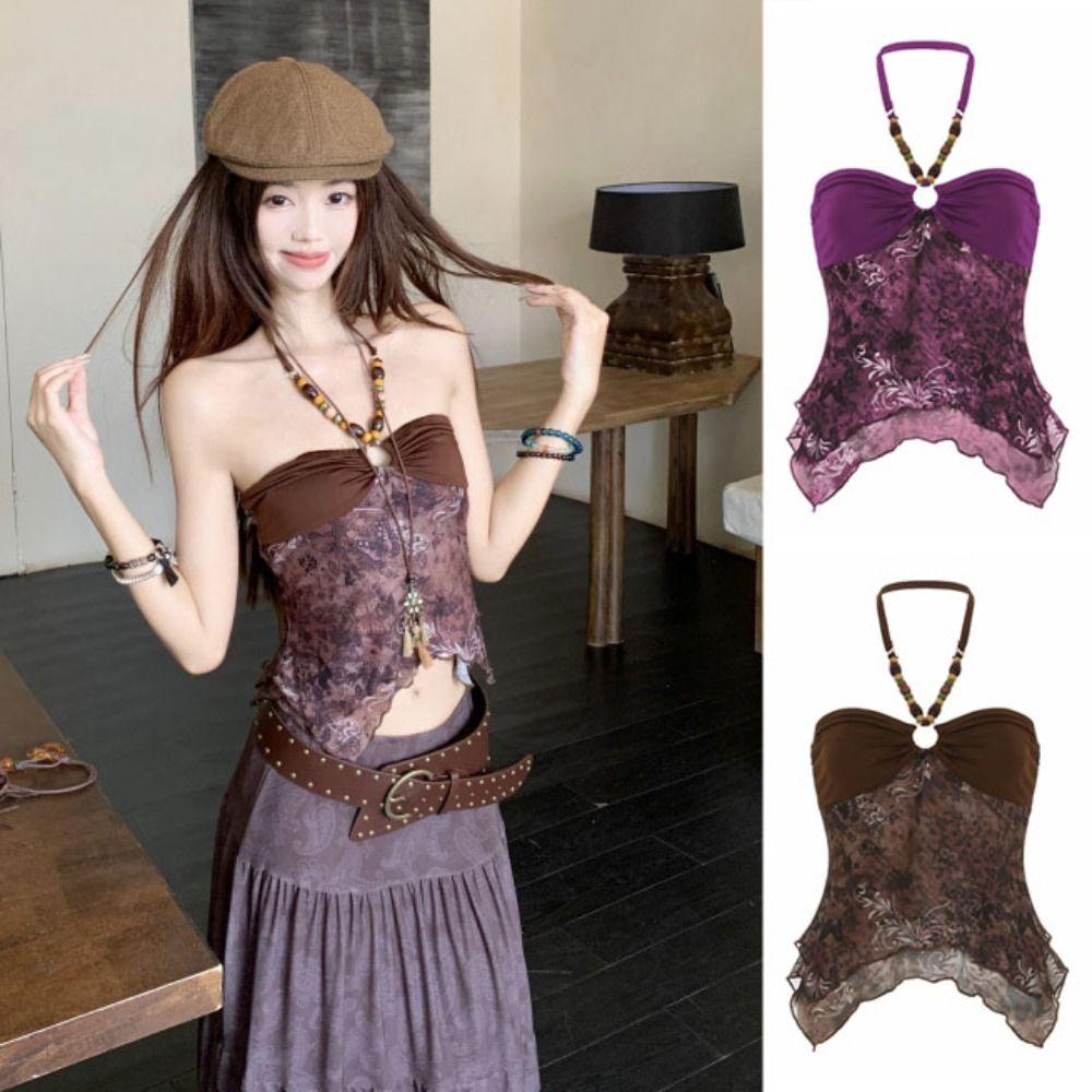Fashion Backless Mesh Halter Camisole Sleeveless Irregular Beads Hanging Vest Women Sweet Streetwear Slim Crop Top Vacation
