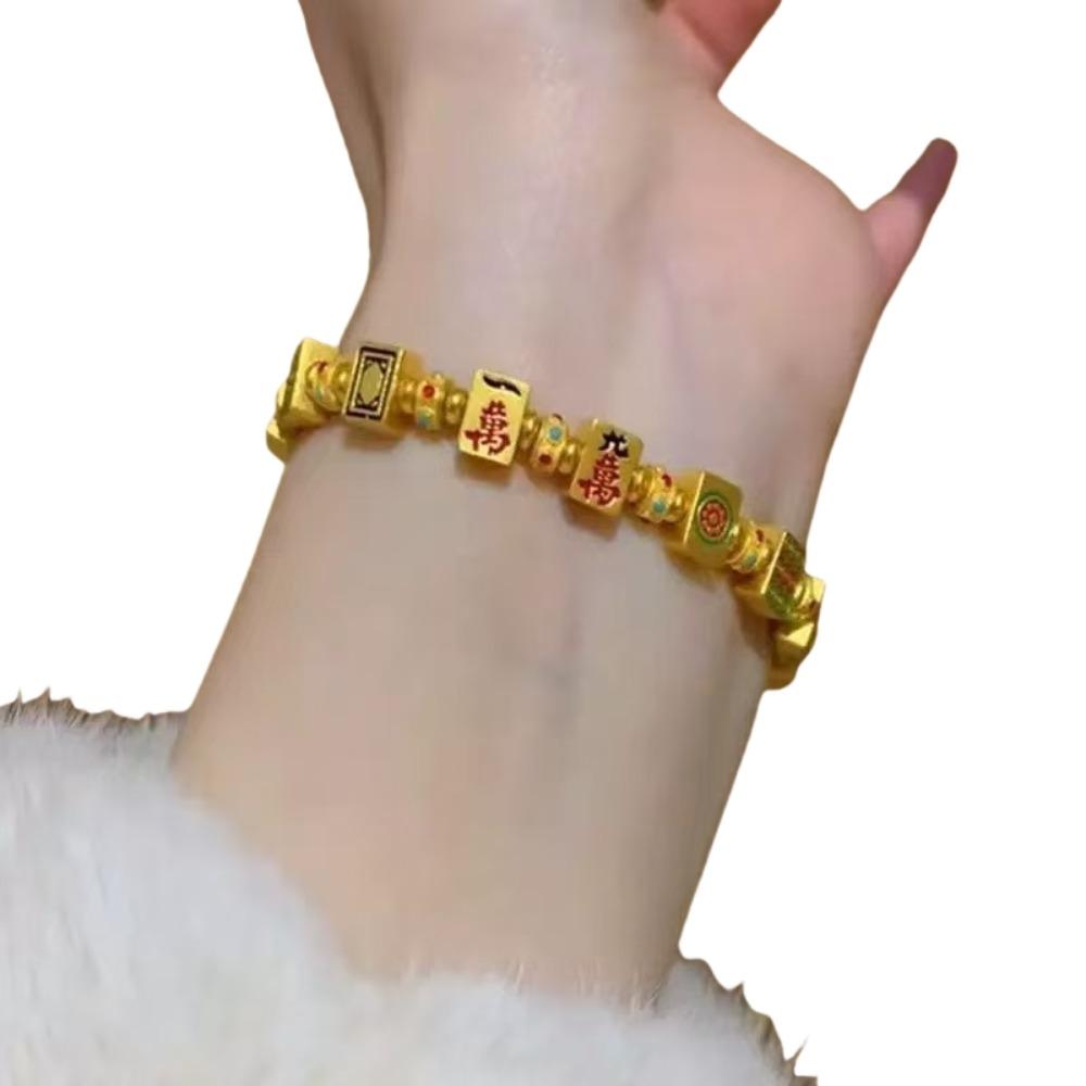 Chinese Character Golden Mahjong Bracelet Hand Jewelry Bohemian Style Bangle  Hipster