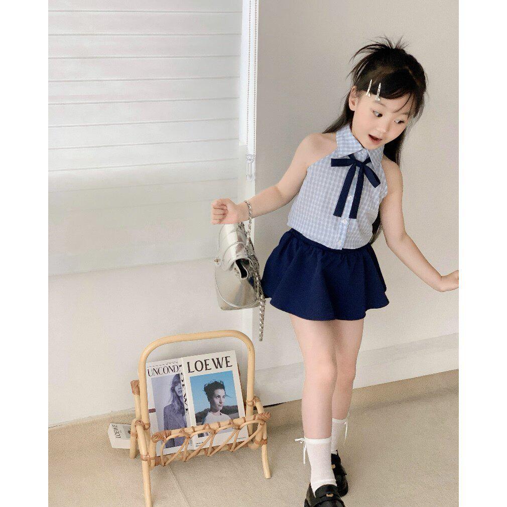 Girls' Summer Plaid Halter Set – Navy Skirt & Shirt