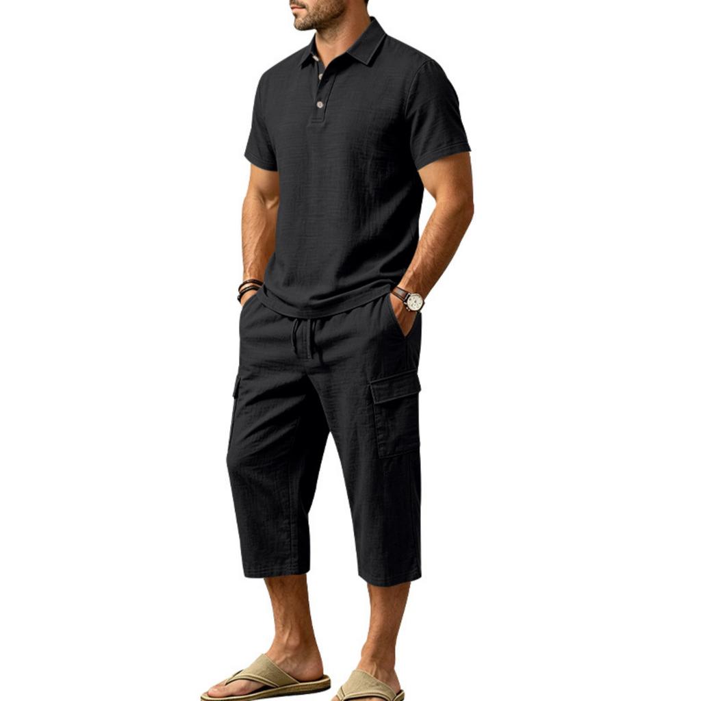 Men's Linen Short Sleeve and Cargo Shorts Set, Relaxed Fit Summer Vacation Outfit for Beach and Daily Wear