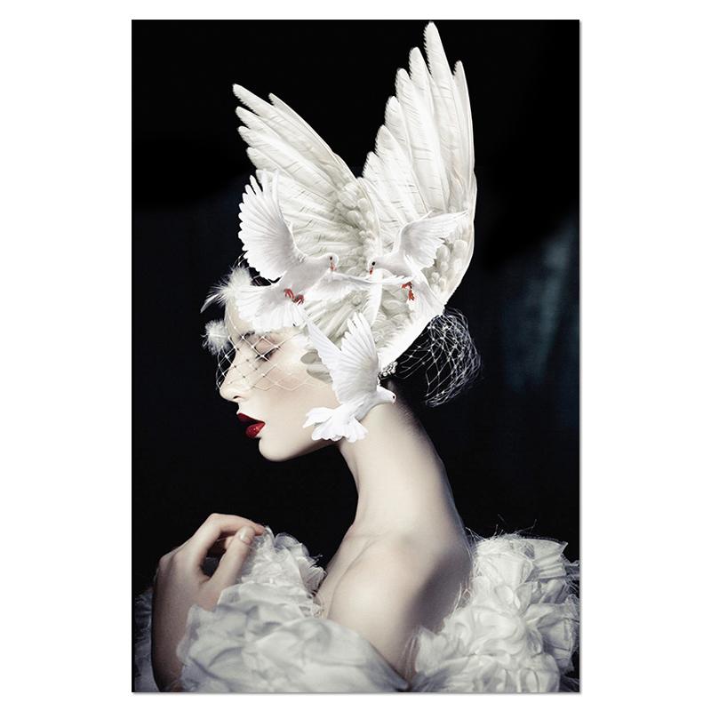 Nero Bianco Moda Donna Ali di piccione Cappello Astratta Tela Poster Stampa Stile nordico Pittura Immagine Moderna Home Decor