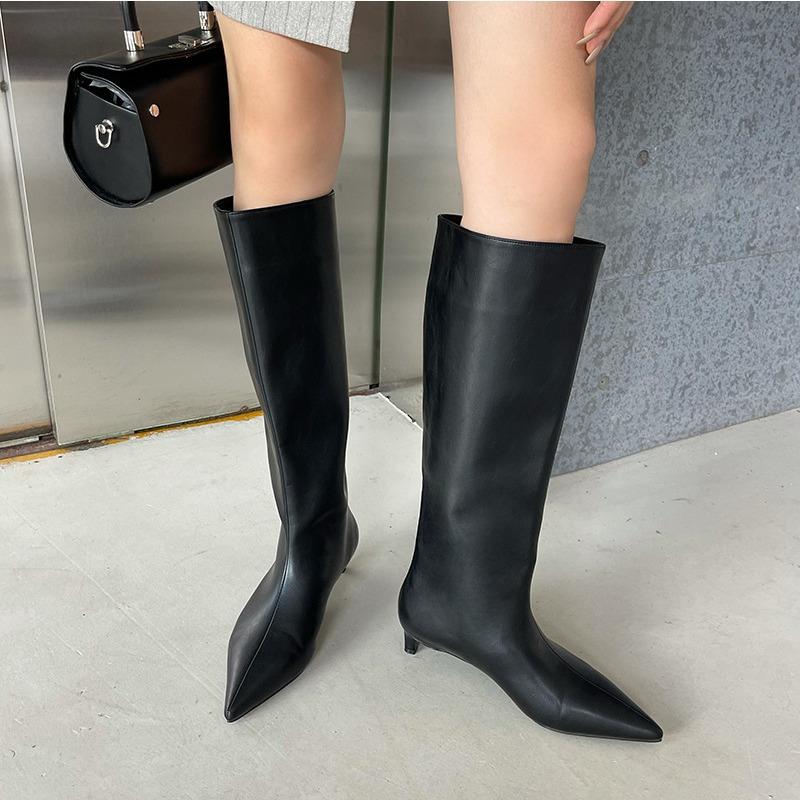 2025 Autumn and Winter New Products Simple and Fashionable Wide Boots Korean Version Pointed Sleeve High Boots Soft Leather Cat and Boots