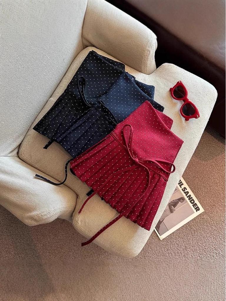 Women's Polka Dot A-Line Pleated Skirt with Bow Tie - Petite Christmas Red