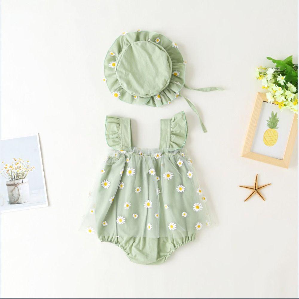 Mesh Flower Baby Princess Dress with Hat Loose Toddle Jumpsuits Baby Climbing Suit  Beach Vacation