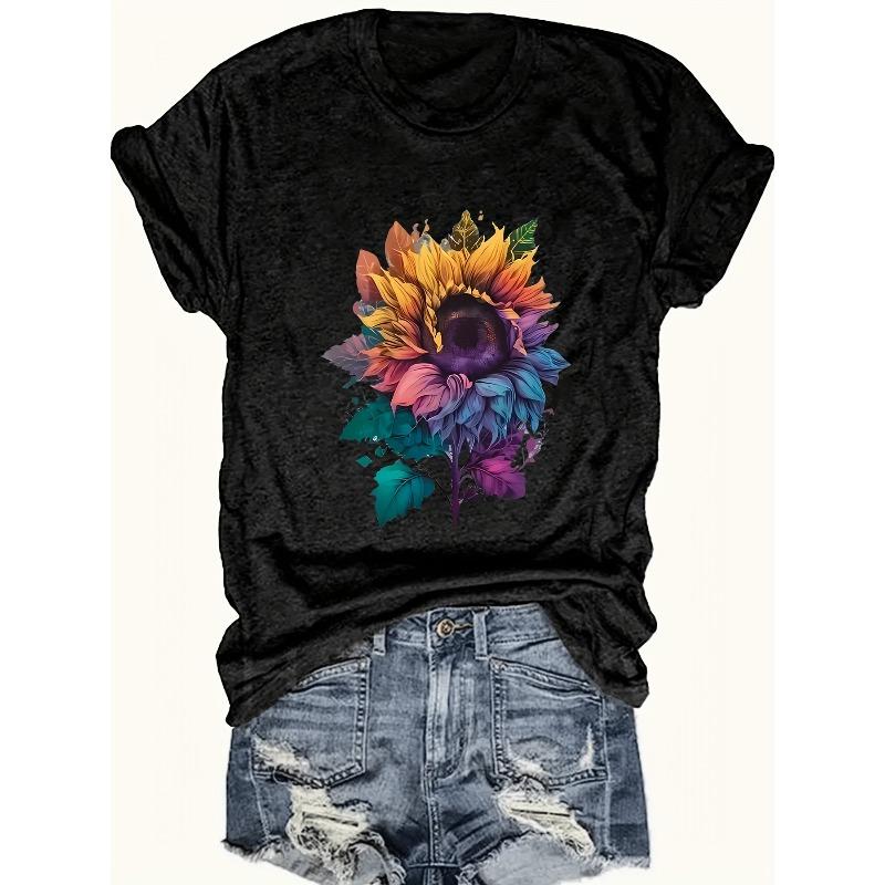 European Size Sunflower Thanksgiving Animal & Letter Print T-Shirt, Casual Short Sleeve Top for Spring & Summer, Women's Clothing,Graphic