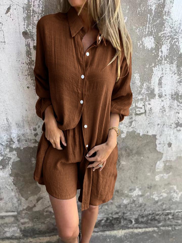 

European-American Women s Casual Cotton Linen Two-Piece Set: Solid Color Crinkle Shirt & Long-Sleeve Shorts (2025) Medium темно-коричневого
