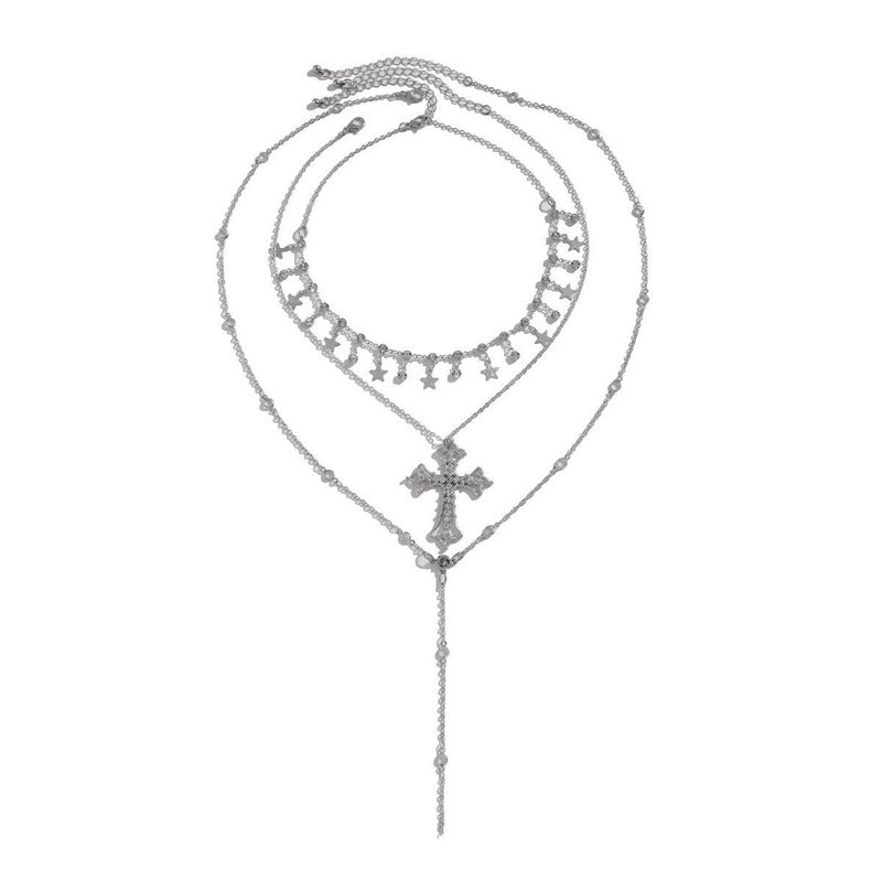 Europe and America Cross Border Hip Hop Ins Diamond Cross Pendant Long Necklace Stylish Twin Star Chain Tassel Necklace