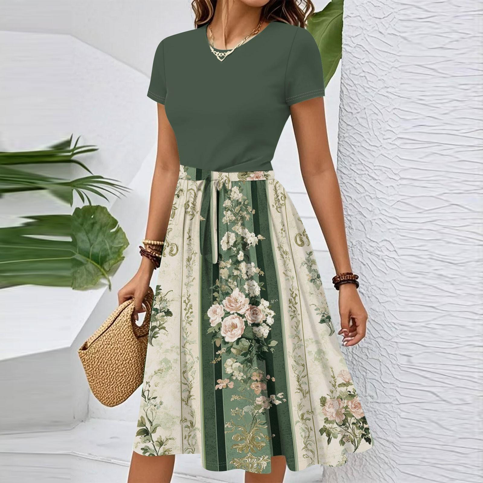 

Жіноча повсякденна модна сукня з поясом, з квітковим принтом, з коротким рукавом, з круглим вирізом, елегантна, струмуюча XL