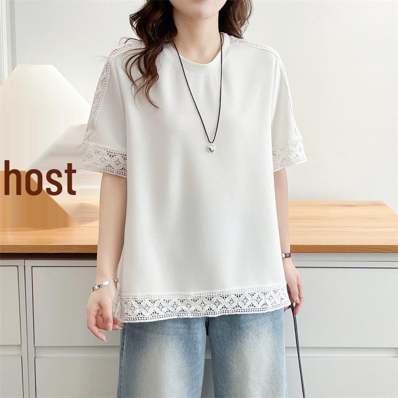 Plus Size Women's Hollow Out Shoulder Patchwork Top: Short Sleeve, Round Neck, Summer 2026 French Style Shirt.