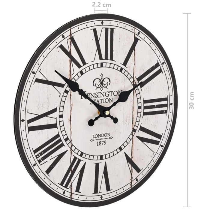 VidaXL Horloge Murale Vintage Décoration Montre de Salon Pendule de Mur MDF 30 cm Blanc et Noir 50626