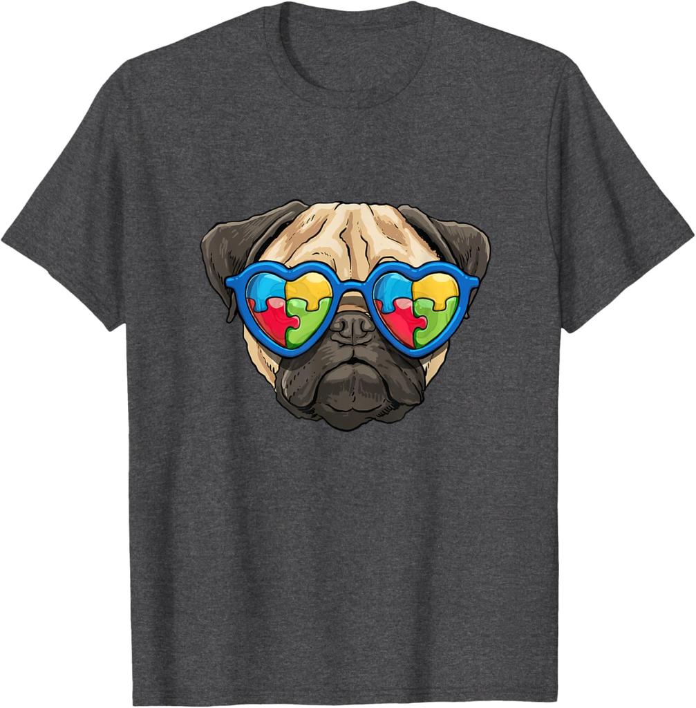 Autism Awareness Pug Dog Heart Puzzle Sunglasses Graphic Tee Casual Cotton T-Shirt for Boys