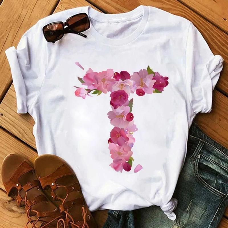 26 Letters Print T-Shirt Alphabet with Pink Flower Harajuku White Graphic Tee Casual Short Sleeve Lady Y2k Tops Women's Clothing