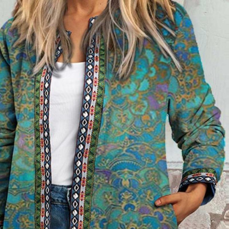 Cardigan Vintage U Neck Flower Print Rich Colors Long Sleeves Pockets Colorfast Loose Ethnic Open