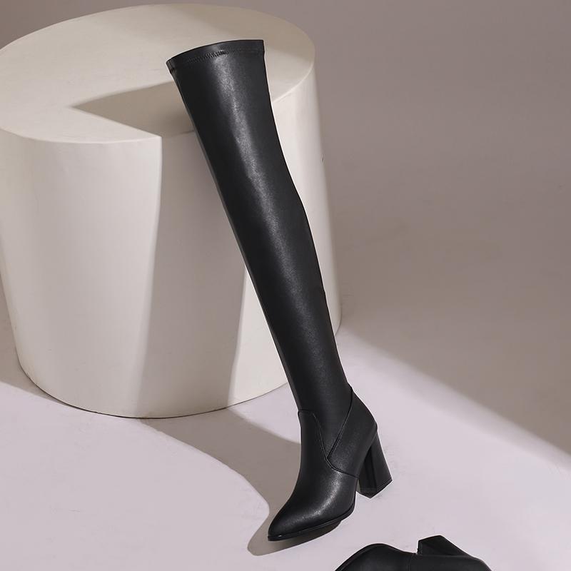 Women's High-heeled Boots Sexy European and American Style Pointed Thick Heel Solid Color Large Size Knee Elastic Boots