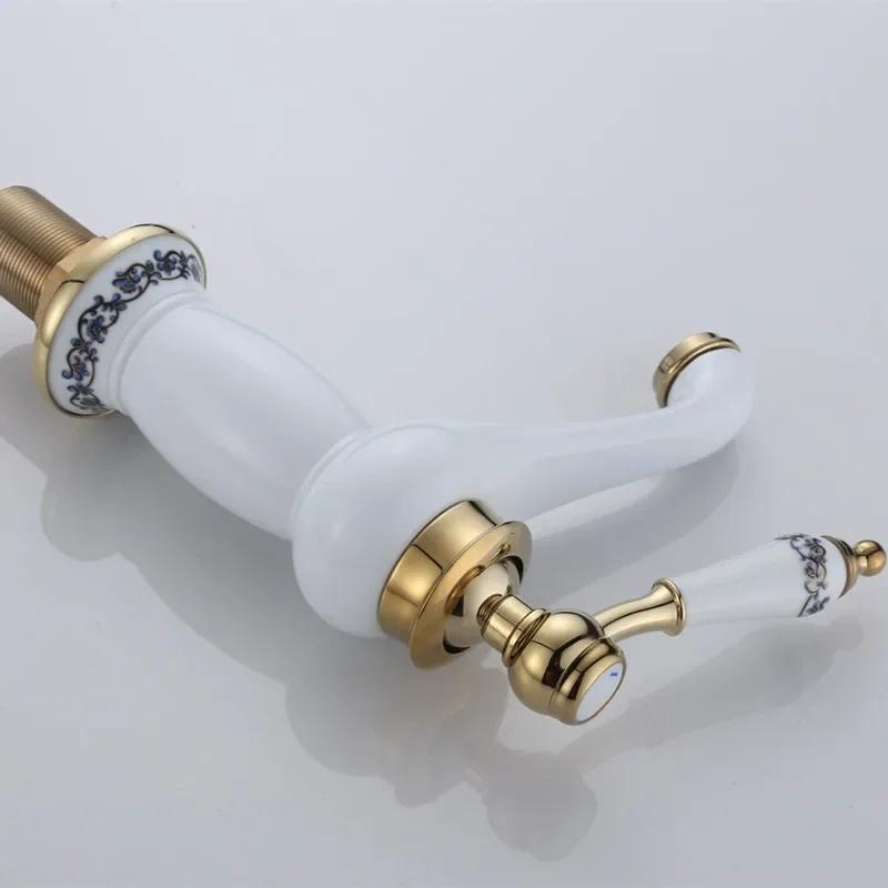 Single Handle Mixer Tap Copper Brass Latin Faucet High Quality Basin White Ceramic Faucet Golden Finish Bathroom Mixer Taps
