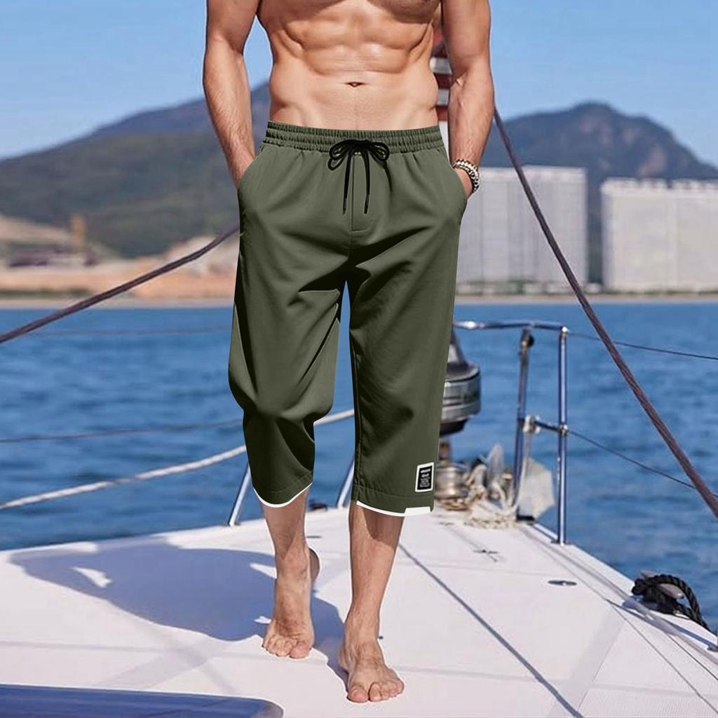 Herren Sieben-Viertel-Hose Elastischer Bund Kordelzug Tasche Lässig Strand Yoga Capri-Hose Leicht Bequem