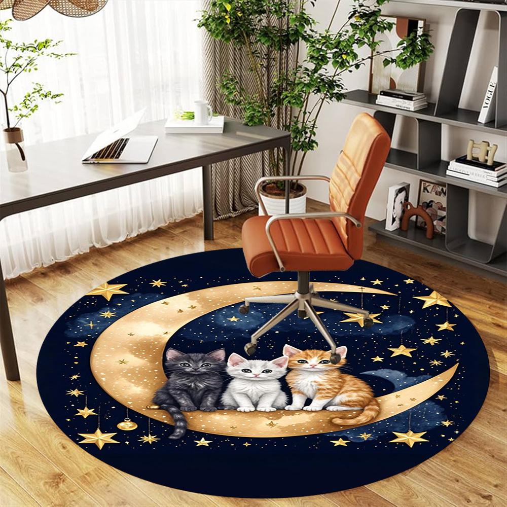 1PC Cats Moon Stars Round Chair mat Area Rug - Non-Slip, Floor Mat for Office, Bedroom, home decor Christmas Gift c0528045