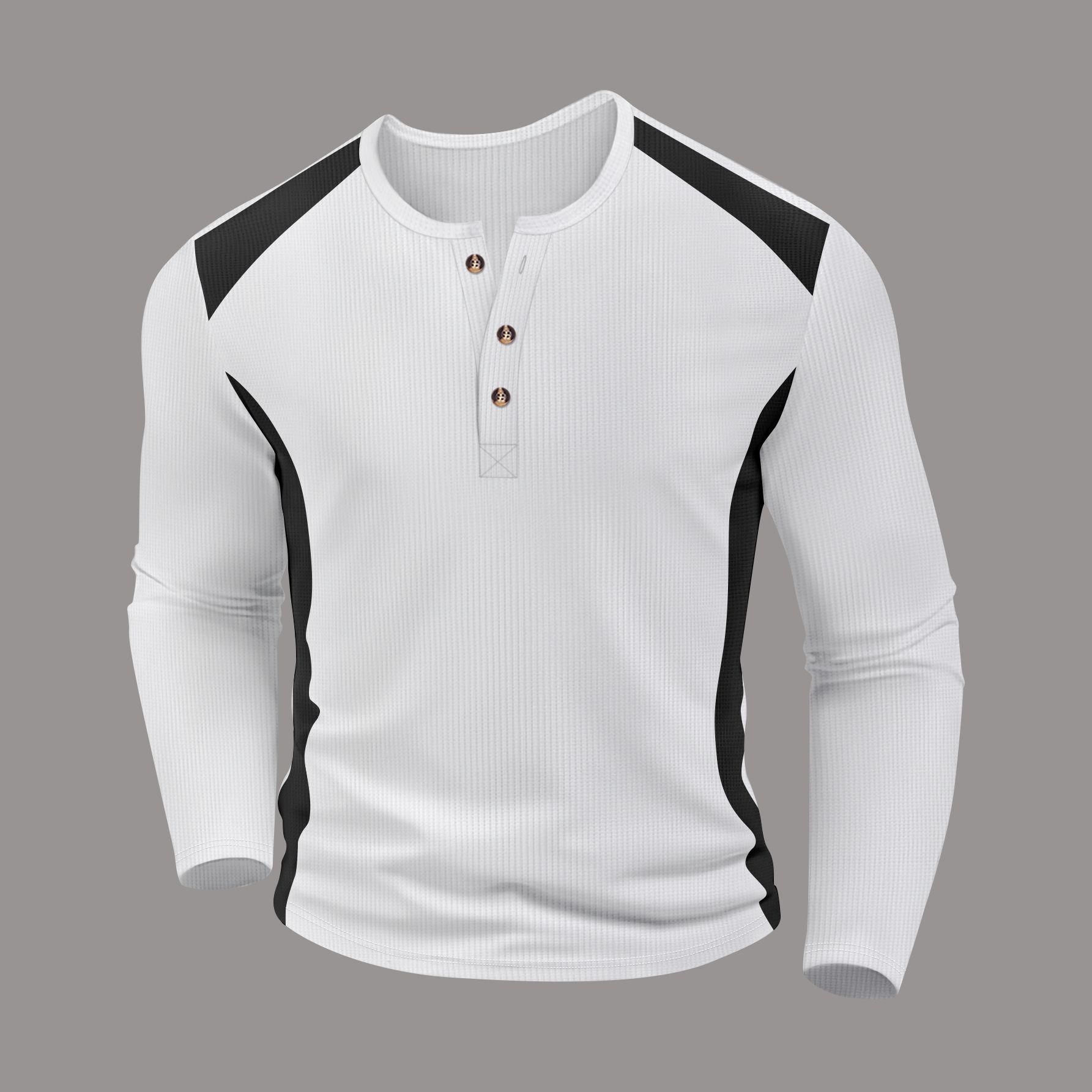 Men Waffle Knit Color Block Long Sleeve Henley Shirt Casual Slim Fit Top S белый