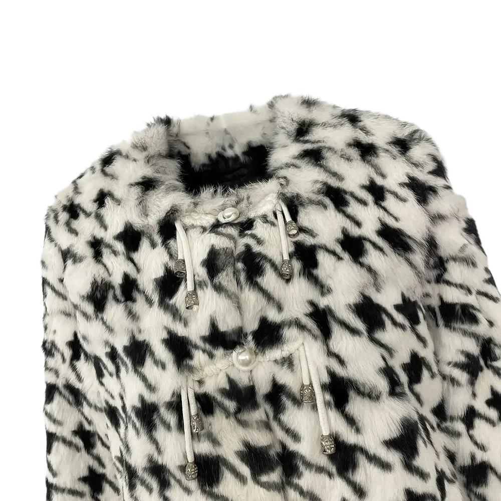 OFTBUY 2024 Real Natural Rabbit Fur Coat Winter Jacket Women Thick Warm Houndstooth Pattern Elegant Outerwear Streetwear Fashion
