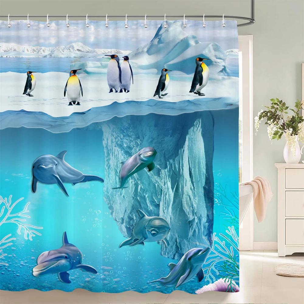 High Quality Cartoon Fish Dolphin Printing Fabric Shower Curtain Bathroom Waterproof Ocean life Bath Curtains Decor with Hooks