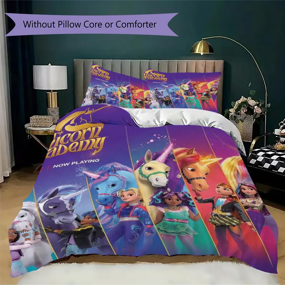 Unicorn Academy Pattern Bedding Uilt Set Uilt Cover Pillowcase Home Decoration Birthday Gift (1 * Duvet Cover + 2 * Pillowcase Without Core)95