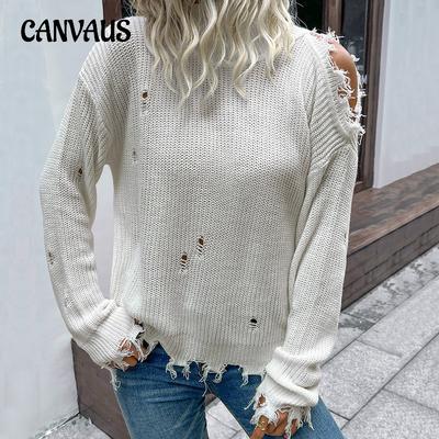 Autumn and Winter Women's Sweater Fashion Worn Long Sleeve Hollowed Out White Turtleneck Sweater