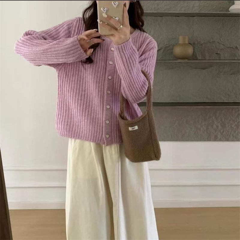 

Женский вязаный кардиган в рубчик, осень 2025, ретро, многослойный топ, свободный, повседневный, универсальный, куртка-свитер с длинным рукавом average size светло-фиолетовый